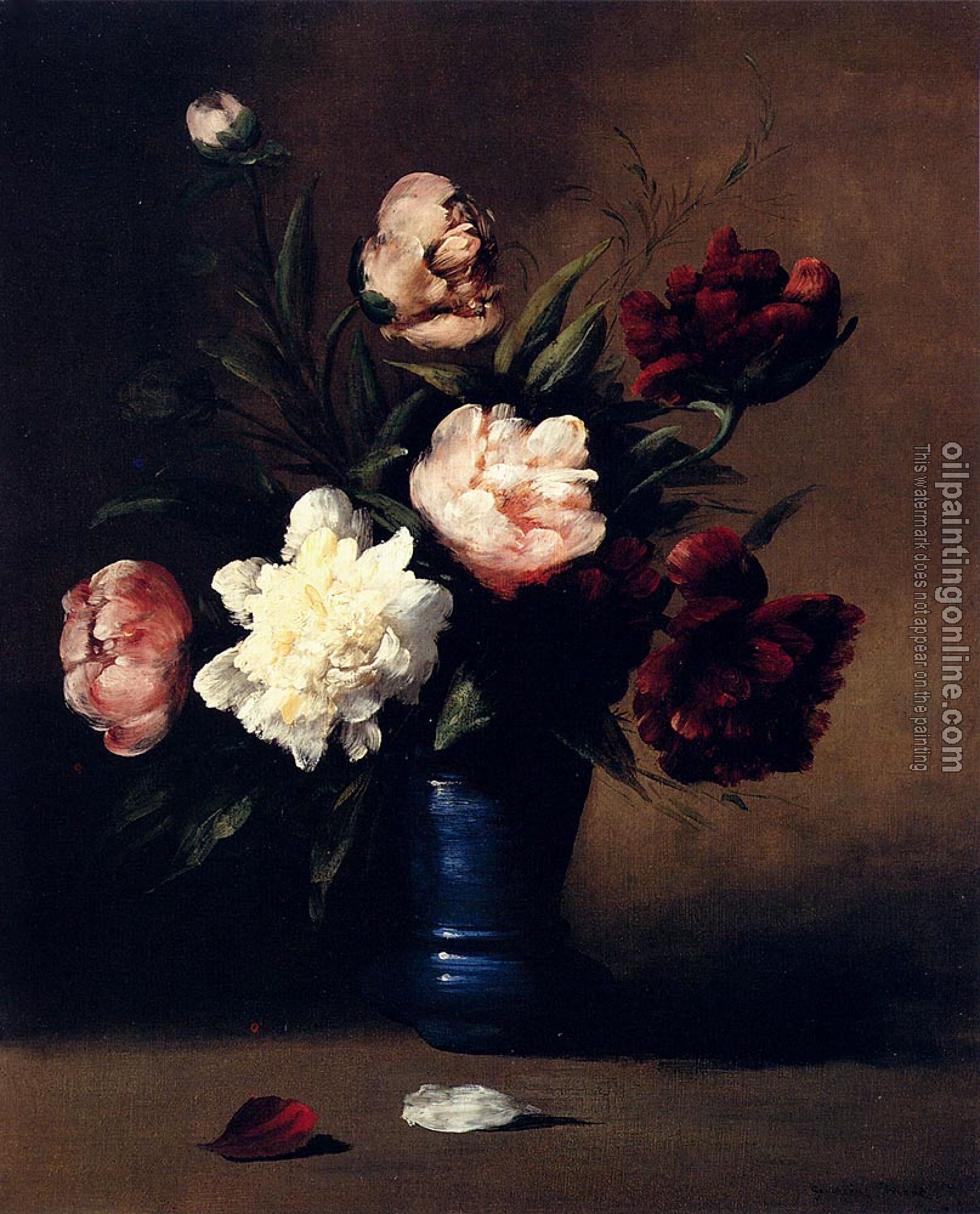 Germain Theodure Clement Ribot - Peonies In A Blue Vase